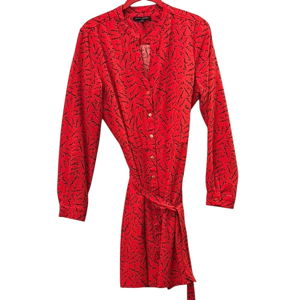 Banana‎ Republic Red Patterned French Phrases Long Sleeve Women's Dress Size 12